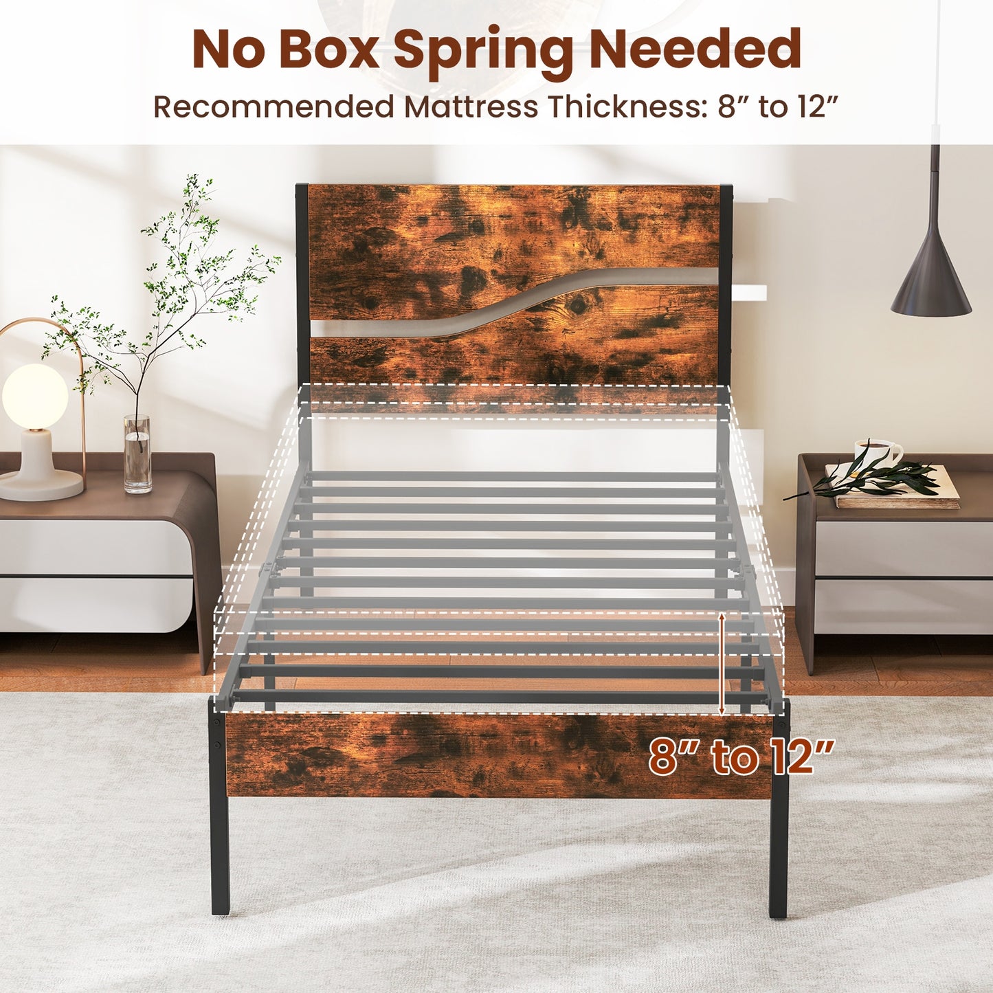 Twin/Full/Queen/King Metal Bed Frame with Wooden Headboard and Footboard-Twin Size Kids Crystal