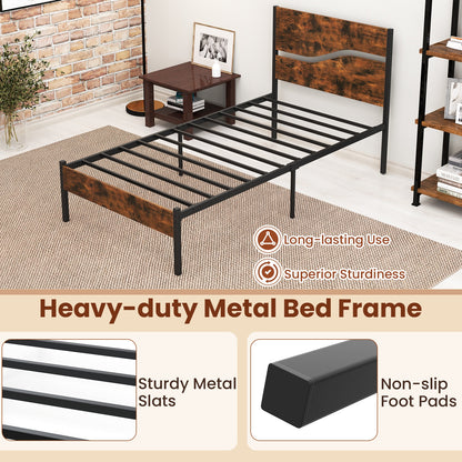 Twin/Full/Queen/King Metal Bed Frame with Wooden Headboard and Footboard-Twin Size