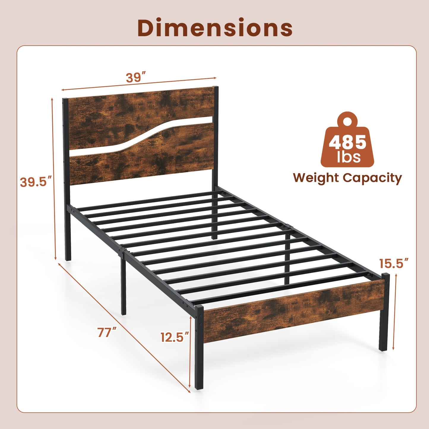 Twin/Full/Queen/King Metal Bed Frame with Wooden Headboard and Footboard-Twin Size Kids Crystal