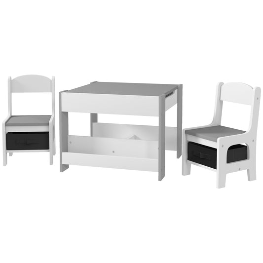 3-Piece Kids Playroom Set with Reversible Tabletop, Blackboard, Storage & Bookshelf in Grey