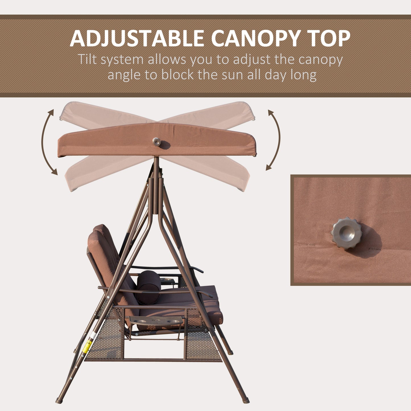 Outdoor 2-Person Patio Swing Chair Canopy Adjustable Shade Cushions Pillow Tray Brown Kids Crystal