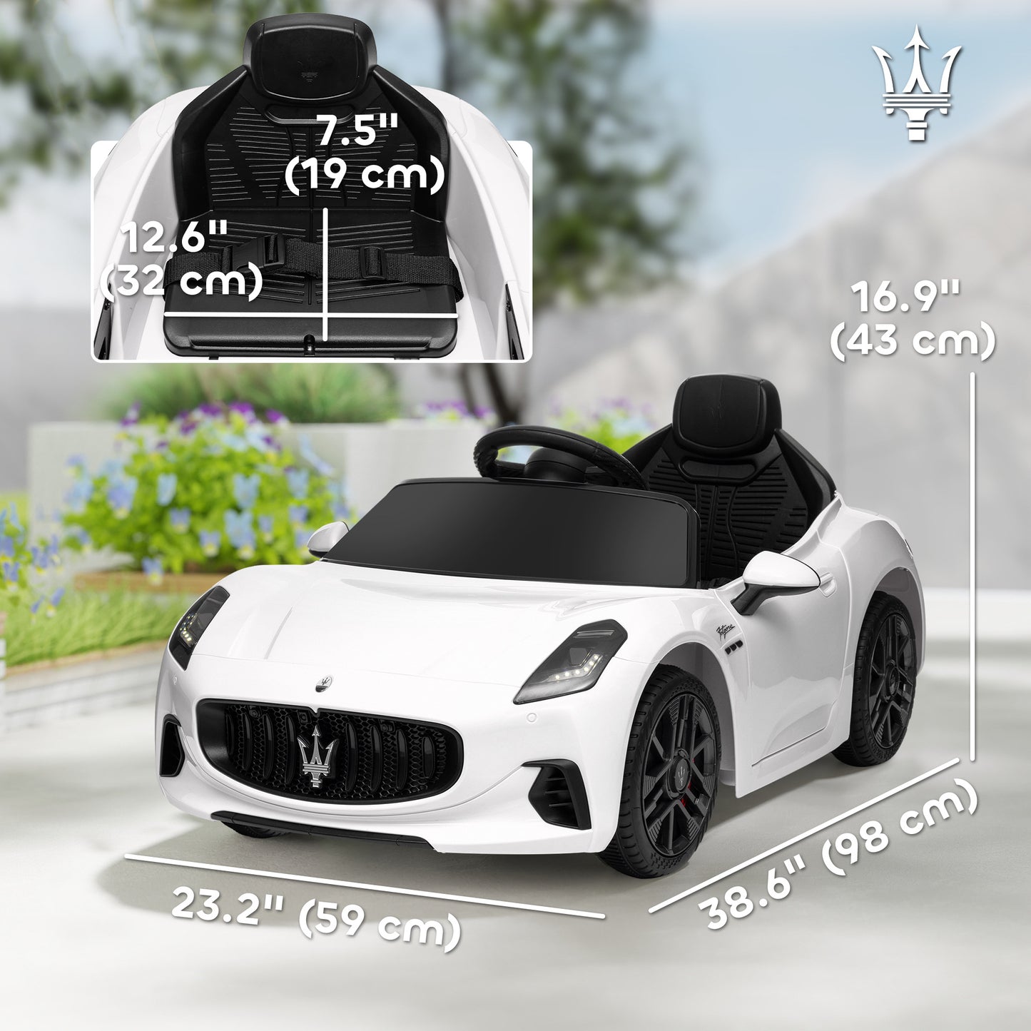 12V Maserati Gran Turismo Licensed Kids Electric Car w/ Remote Control, Soft Start, LED Lights, Music, Horn, MP3, White Kids Crystal