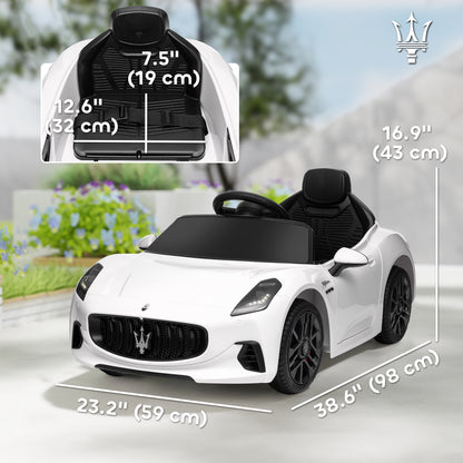 12V Maserati Gran Turismo Licensed Kids Electric Car w/ Remote Control, Soft Start, LED Lights, Music, Horn, MP3, White