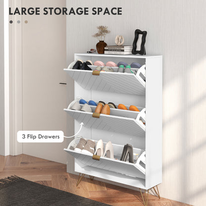 Shoe Sanctuary: Modern White Cabinet with 3 Flip Drawers, 8 Vents, Narrow Design for 18 Pairs, Entryway Organizer