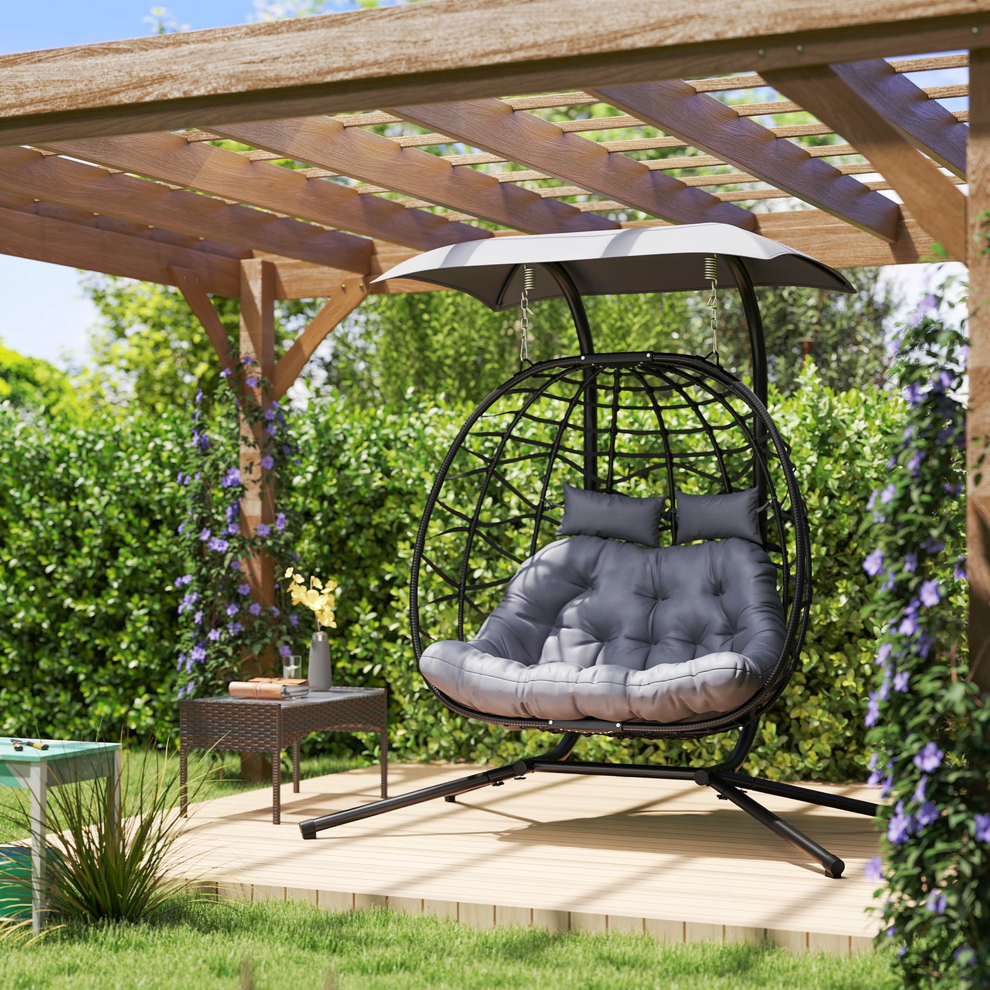 Double Wicker Egg Swing Chair with Canopy, Foldable Hanging Egg Chair with Stand Cushion Headrest, Black Kids Crystal
