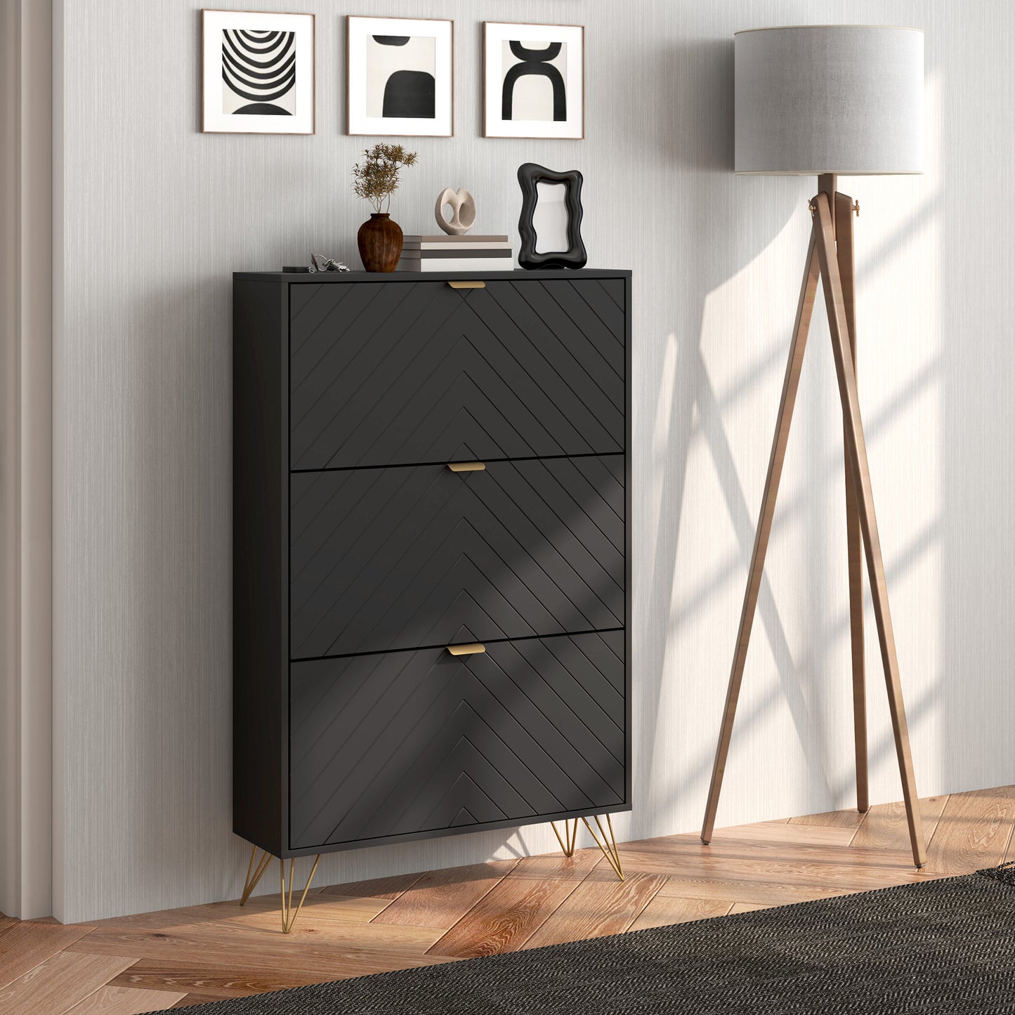 Modern Shoe Storage Cabinet with 3 Flip Drawers for 18 Pairs, Narrow Shoe Organizer for Entryway, Hallway, Black Kids Crystal