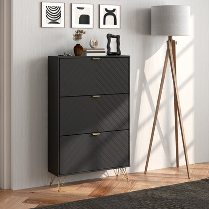 Modern Shoe Storage Cabinet with 3 Flip Drawers for 18 Pairs, Narrow Shoe Organizer for Entryway, Hallway, Black