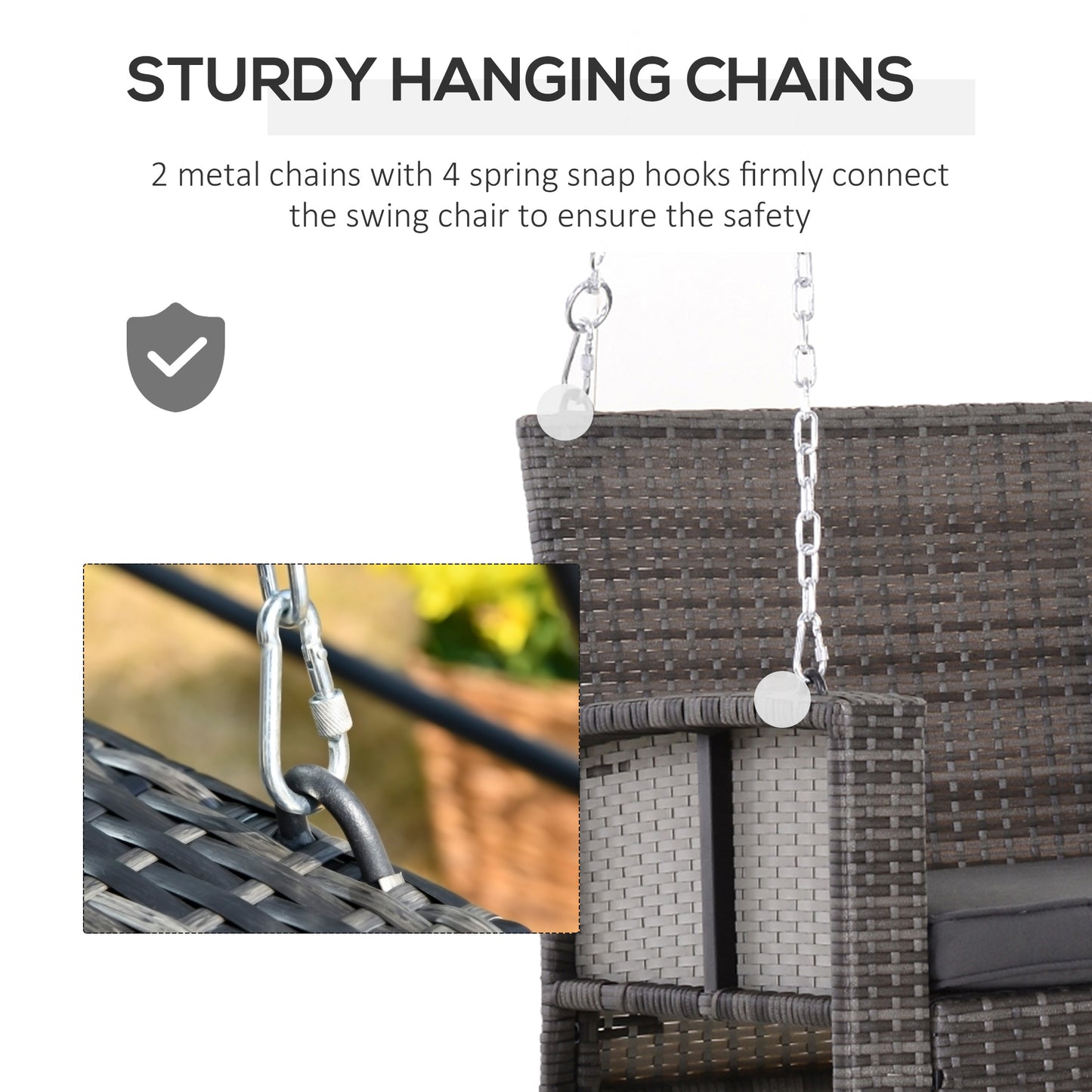 2-person Outdoor Wicker Porch Swing Chair Garden Rattan Hanging Bench with Cushion Yard Double Hammock Sun Lounge Seat, Grey Kids Crystal