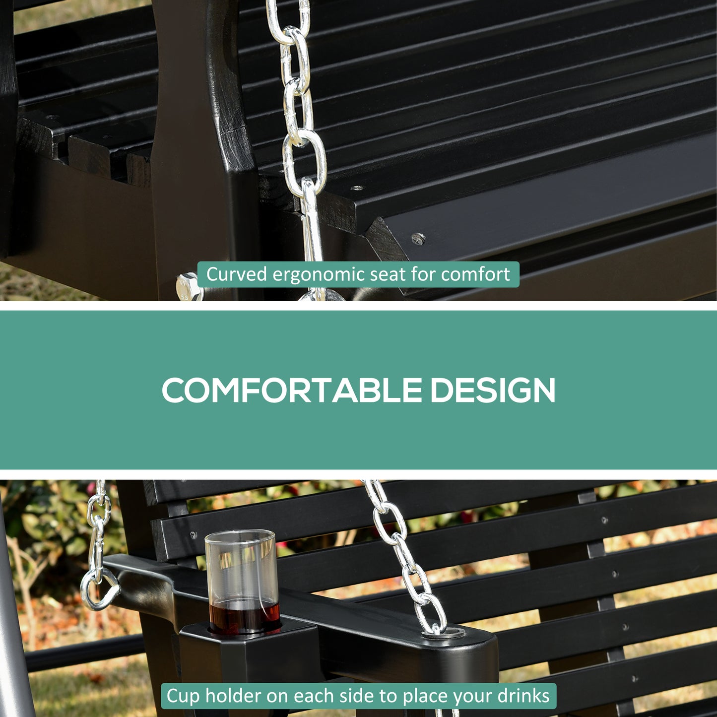2 Seater Porch Swing Wooden Bench Chair Patio Outdoor Furniture Swing with Cup Holders Chains Garden Yard Black Kids Crystal