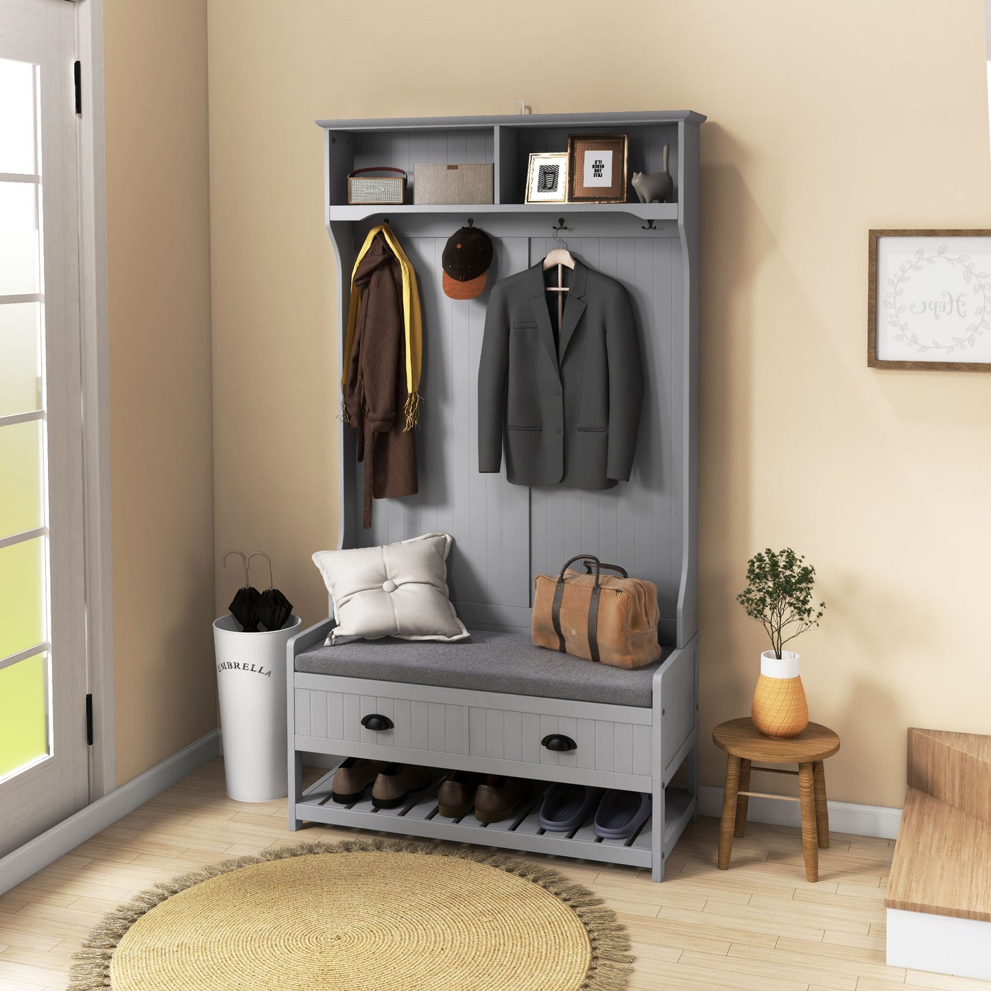 Clothing Storage, Coat Stand, Shoe Storage Bench Organizer with Coat Hanger, Drawers Padded Seat Cushion Grey Kids Crystal