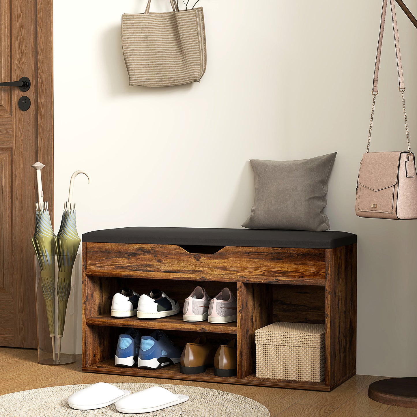 Shoe Bench Entryway Storage Rack with Padded Cushion, Hidden Storage for Hallway, Living Room, Rustic Brown Kids Crystal