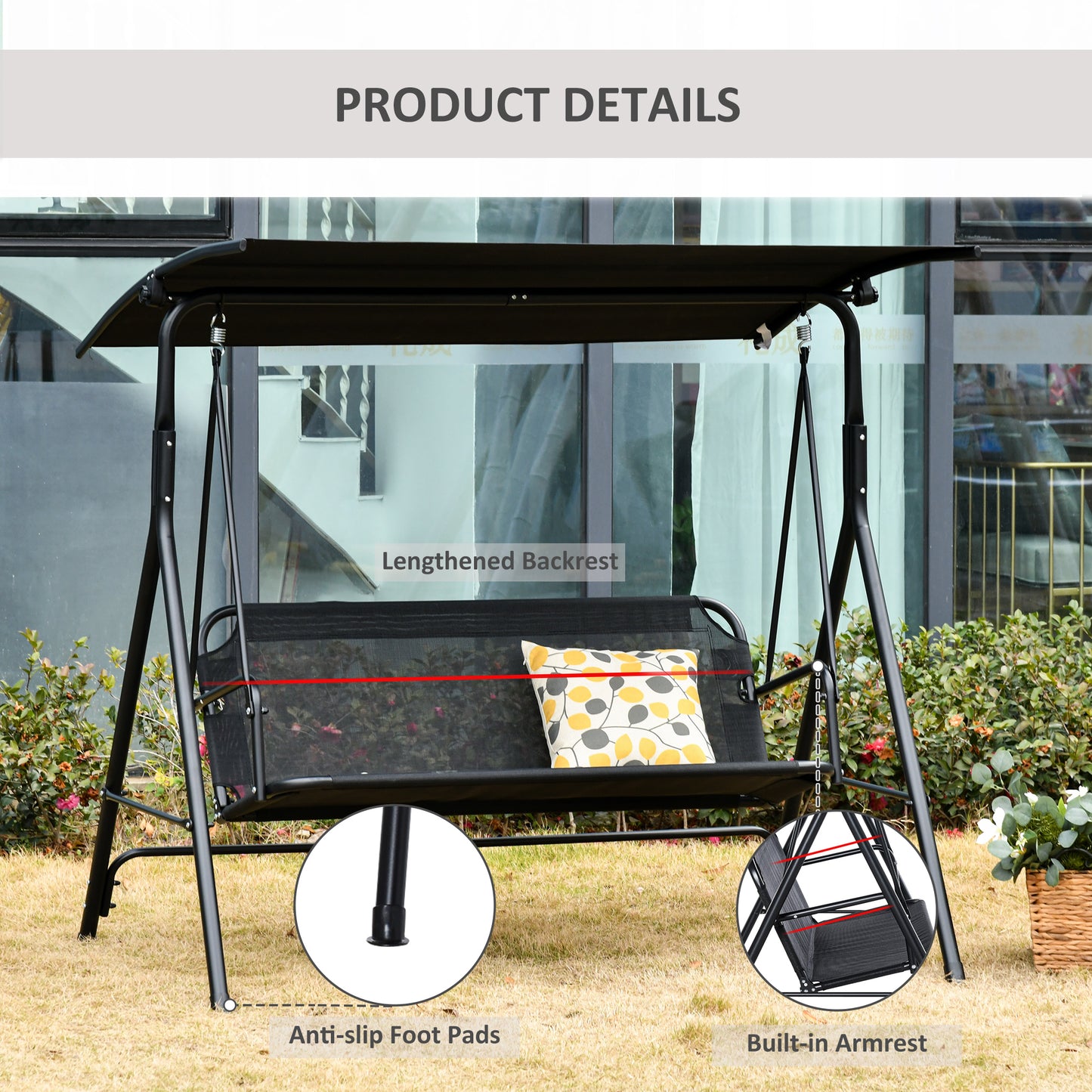 2 Person Porch Swing Chair 2 Seater Patio Swing Bench with Adjustable Canopy Breathable Seat for Garden Poolside Black Kids Crystal