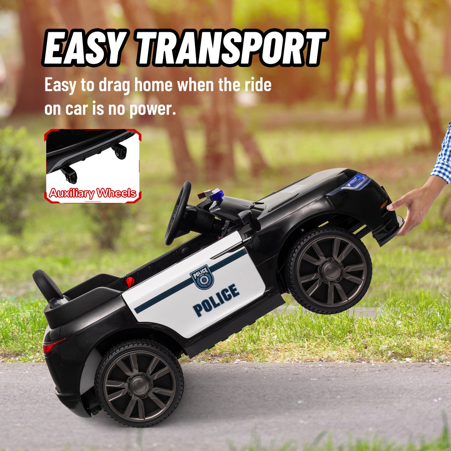 12V Kids Electric Police Car w/ Remote Control, Spring Suspension, Training Wheel, Siren, Music, Light, Horn, Black Kids Crystal