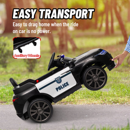 12V Kids Electric Police Car w/ Remote Control, Spring Suspension, Training Wheel, Siren, Music, Light, Horn, Black