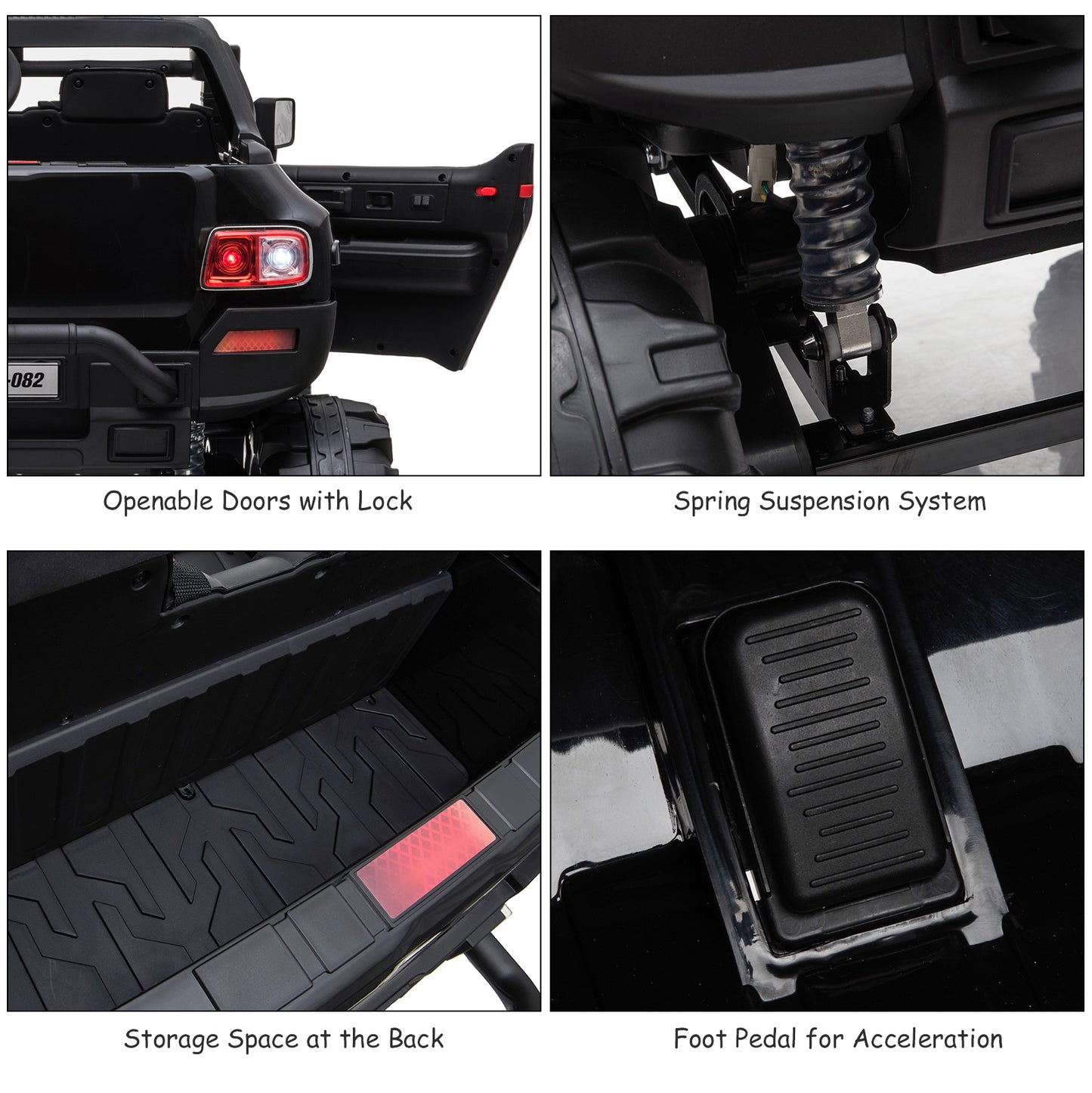 12V Kids Police Truck Ride-On Car RC 2-Seater with LED Lights MP3 Parental Remote Control Black Kids Crystal