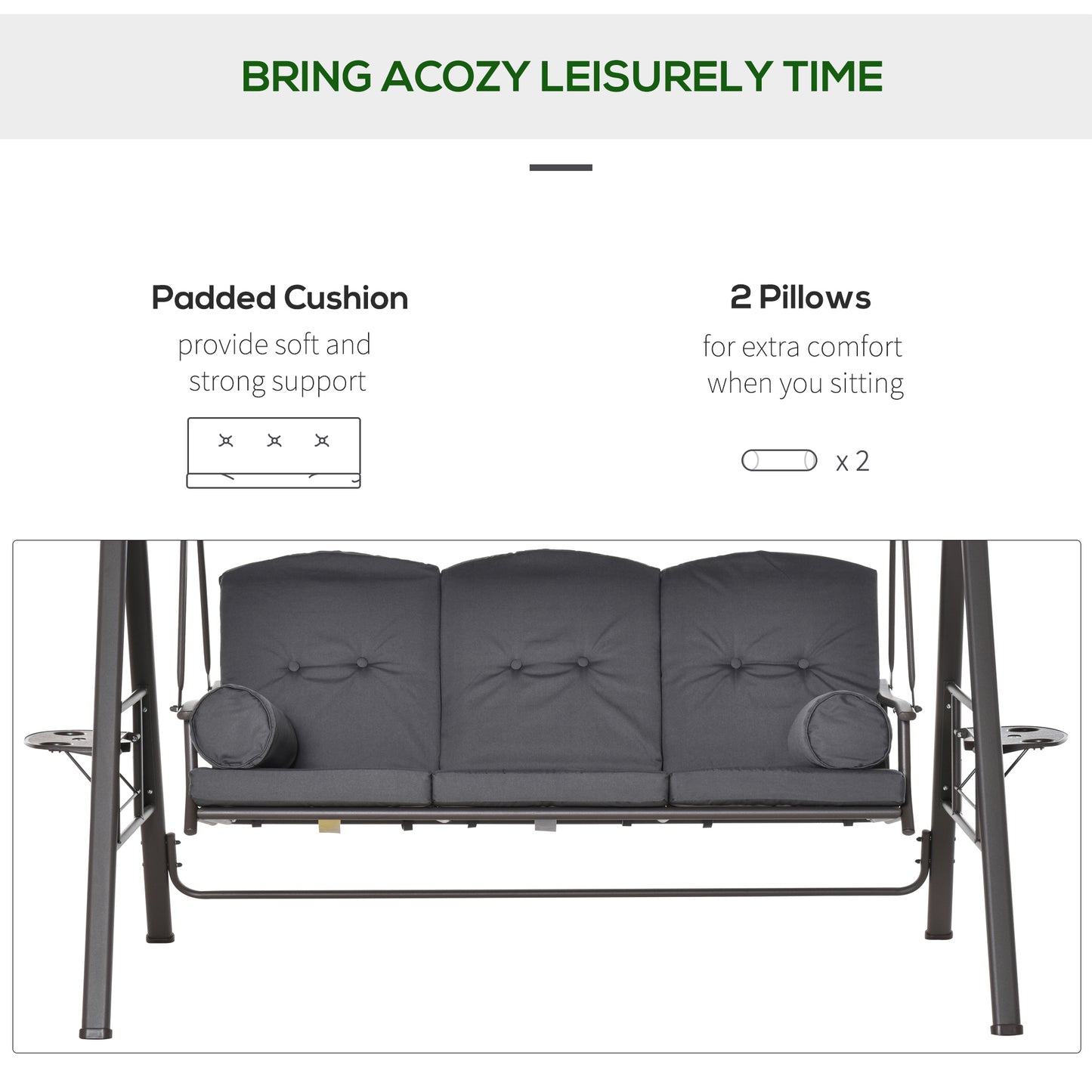 Outdoor Patio 3-Person Steel Canopy Cushioned Seat Bench Swing with Included Side Trays & Padded Comfort, Dark Grey Kids Crystal