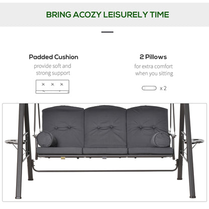 Outdoor Patio 3-Person Steel Canopy Cushioned Seat Bench Swing with Included Side Trays & Padded Comfort, Dark Grey