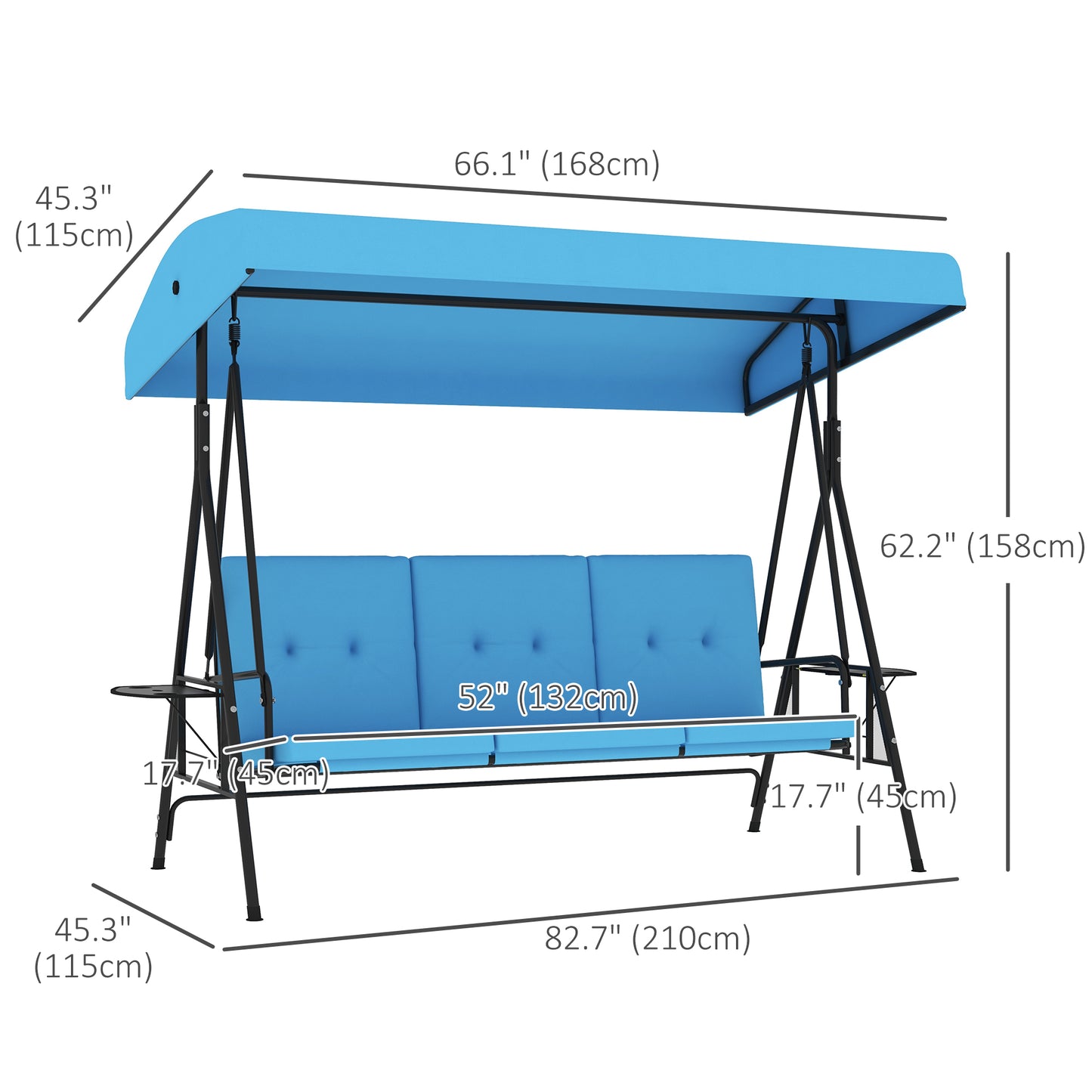 3-Seat Patio Swing with Adjustable Canopy & Side Tray, Outdoor Porch Swing, Removable Blue Cushion for Garden, Poolside Kids Crystal