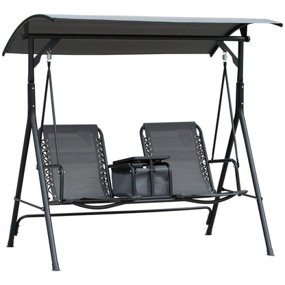 2-Person Patio Swing Chair Covered Porch Swing with Pivot Storage Table, Cup Holder, & Adjustable Overhead Canopy, Grey