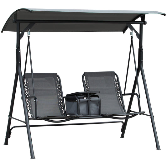 2-Person Patio Swing Chair Covered Porch Swing with Pivot Storage Table, Cup Holder, & Adjustable Overhead Canopy, Grey Kids Crystal