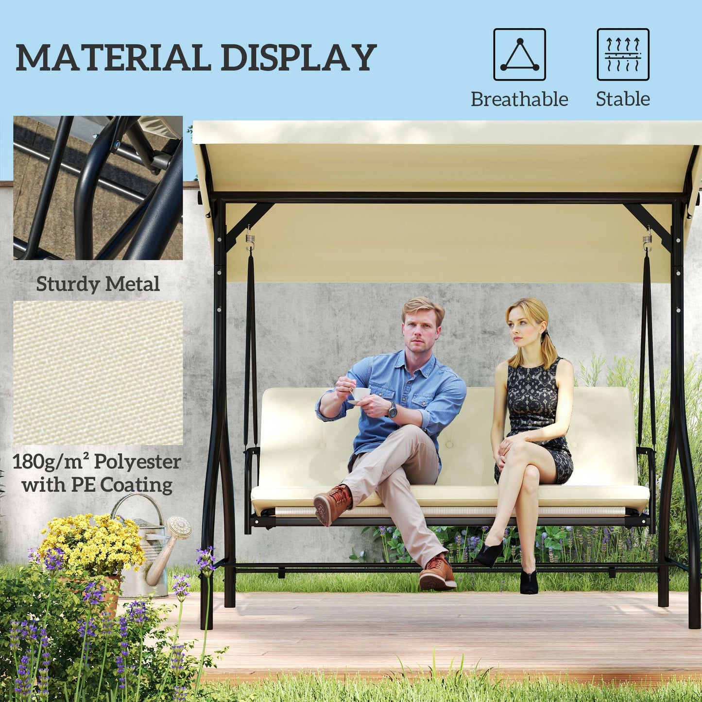 Convertible Patio Swing Bed with Canopy and Cushions, 3 Seater Porch Swing for Outdoor, Backyard, Garden, Beige Kids Crystal