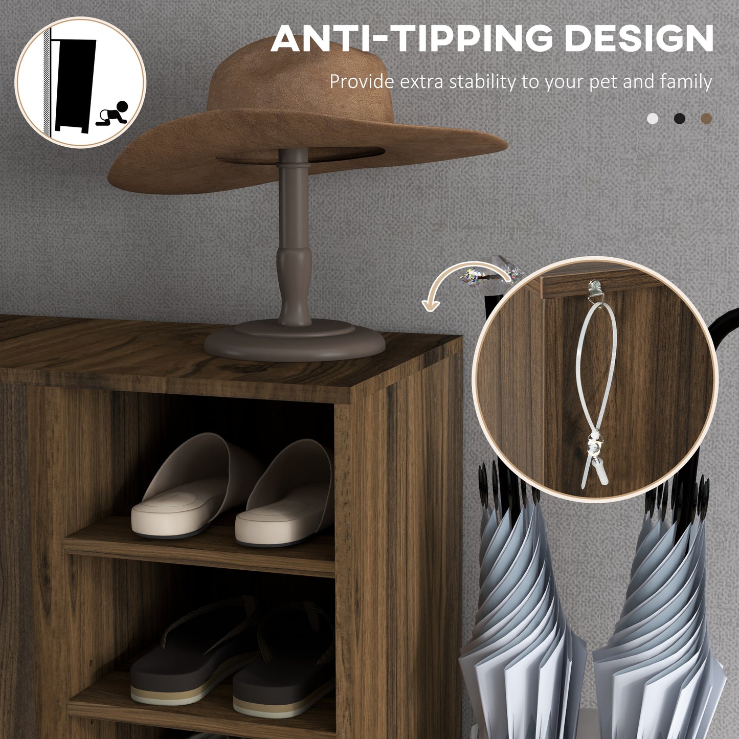 Entryway Elegance: Shoe Organizer with Double Doors, Open Shelves for 17 Pairs, Walnut Finish Kids Crystal