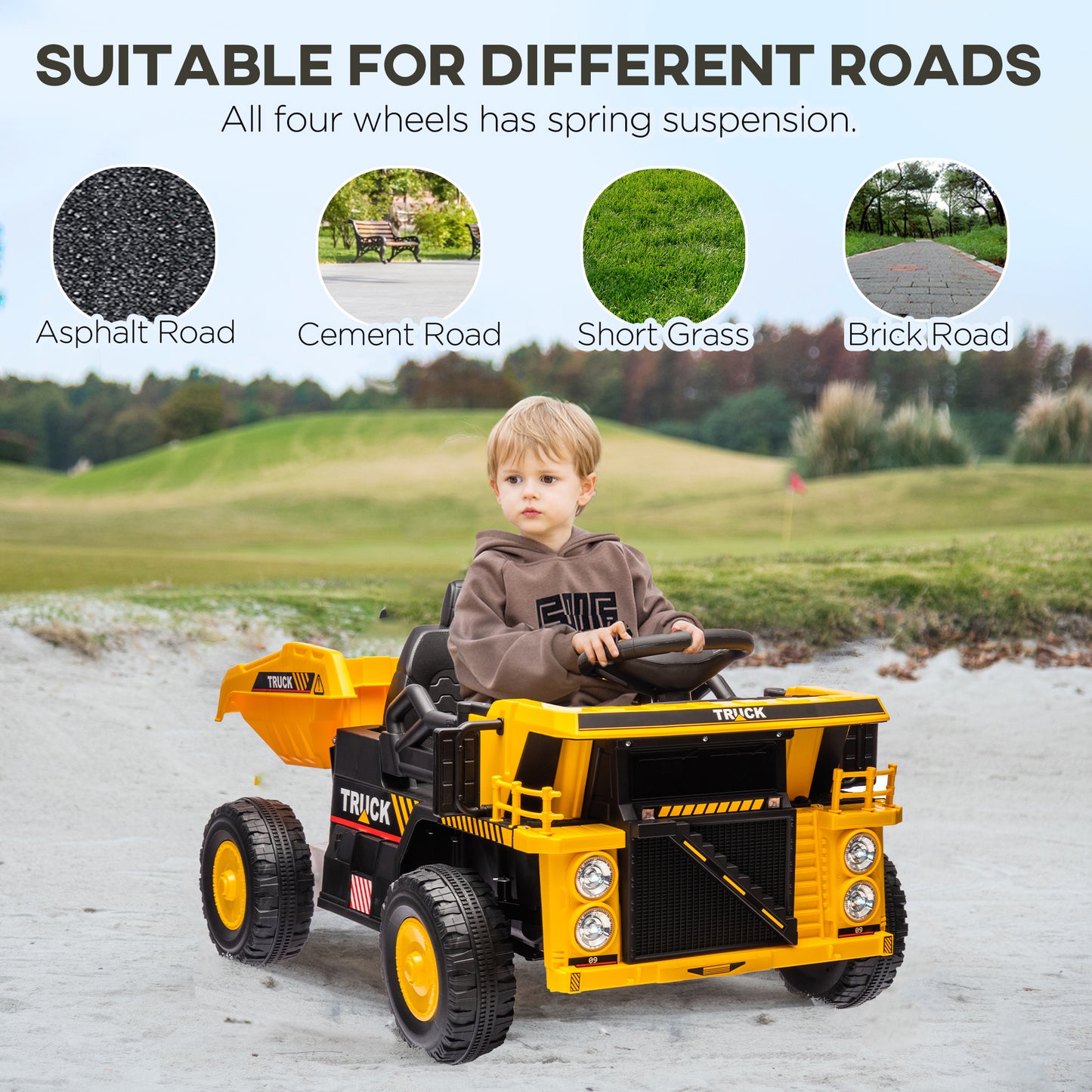 12V Kids Ride On Dump Truck Construction Vehicle w/ Electric Dump Bed, Shovel, Spring Suspension Wheels Kids Crystal