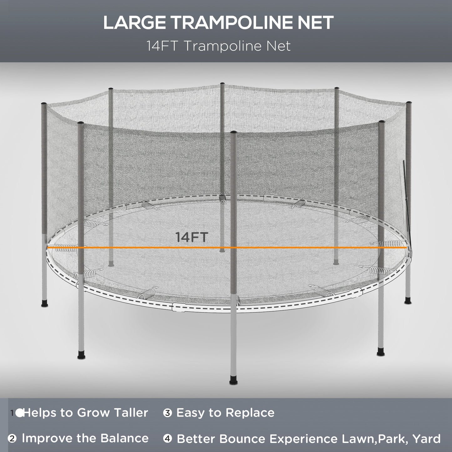 14FT Enclosure Trampolining Bounce Safety Accessories Trampoline Net with 8 Poles, Grey Kids Crystal