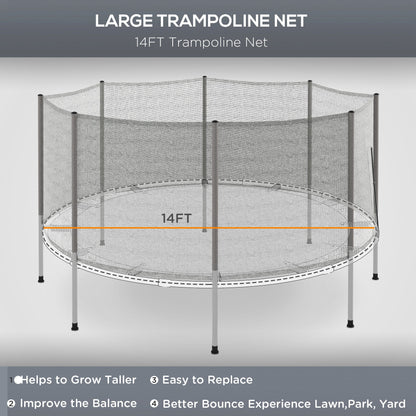14FT Enclosure Trampolining Bounce Safety Accessories Trampoline Net with 8 Poles, Grey