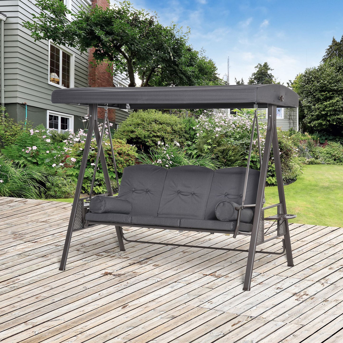 Outdoor Patio 3-Person Steel Canopy Cushioned Seat Bench Swing with Included Side Trays & Padded Comfort, Dark Grey Kids Crystal