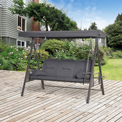 Outdoor Patio 3-Person Steel Canopy Cushioned Seat Bench Swing with Included Side Trays & Padded Comfort, Dark Grey