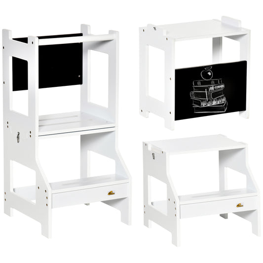 2-in-1 Versatile Wonder: Convertible Kids Step Stool to Table & Chair Set, Playful White Finish for Learning & Fun