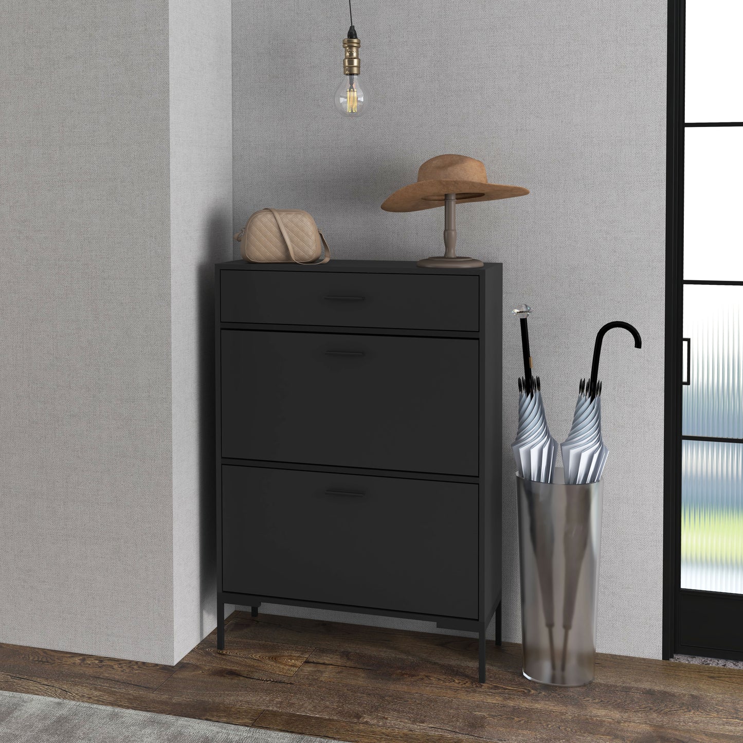 Modern Shoe Cabinet Storage 12 Pair Shoe Organizer with 2 Flip Doors Drawer and Adjustable Shelf Black Kids Crystal