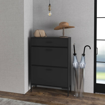 Modern Shoe Cabinet Storage 12 Pair Shoe Organizer with 2 Flip Doors Drawer and Adjustable Shelf Black