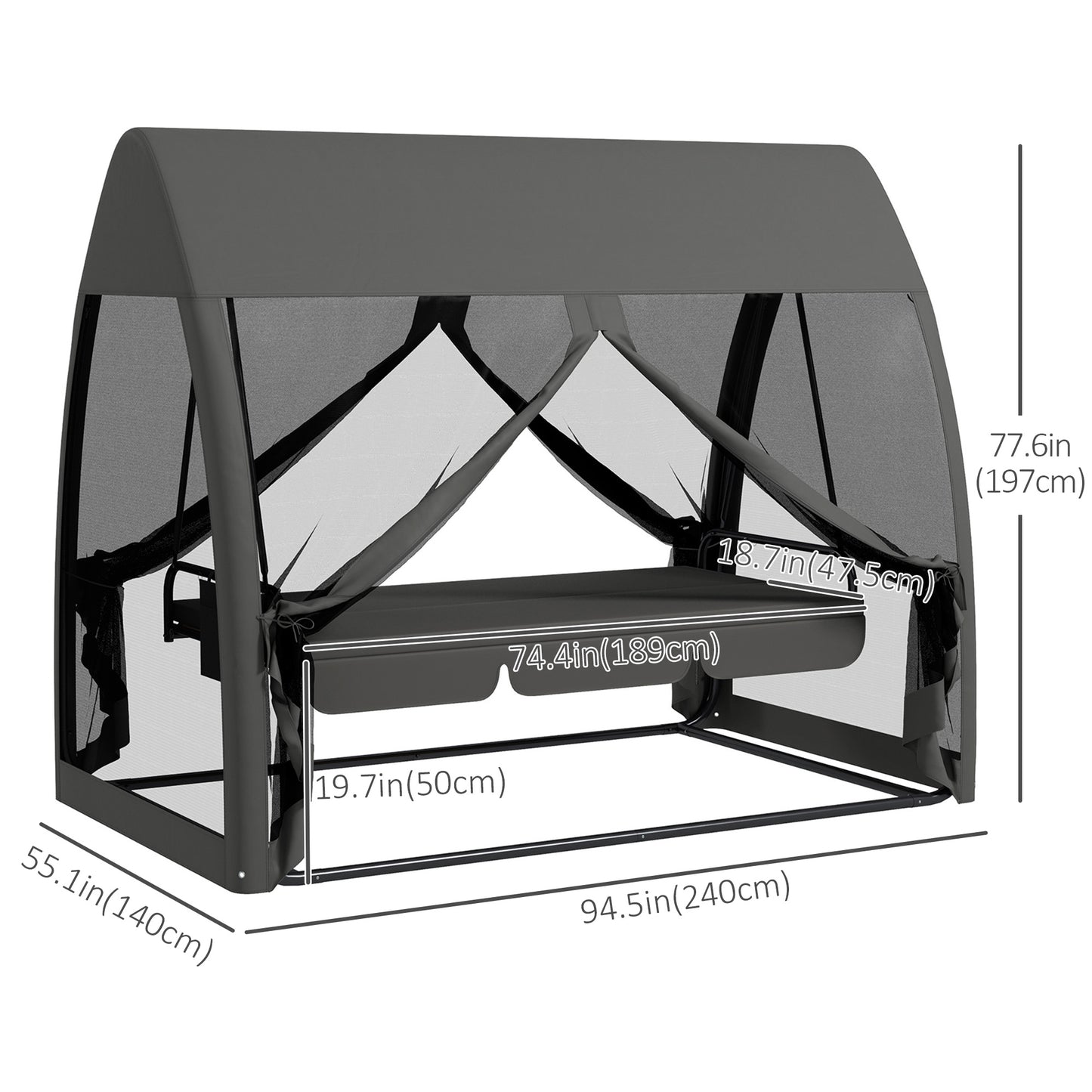 3-Seater Swing Chair with Canopy, Steel Stand, Outdoor Lounger Bed, Netting Walls, Perfect for Patio - Grey Kids Crystal