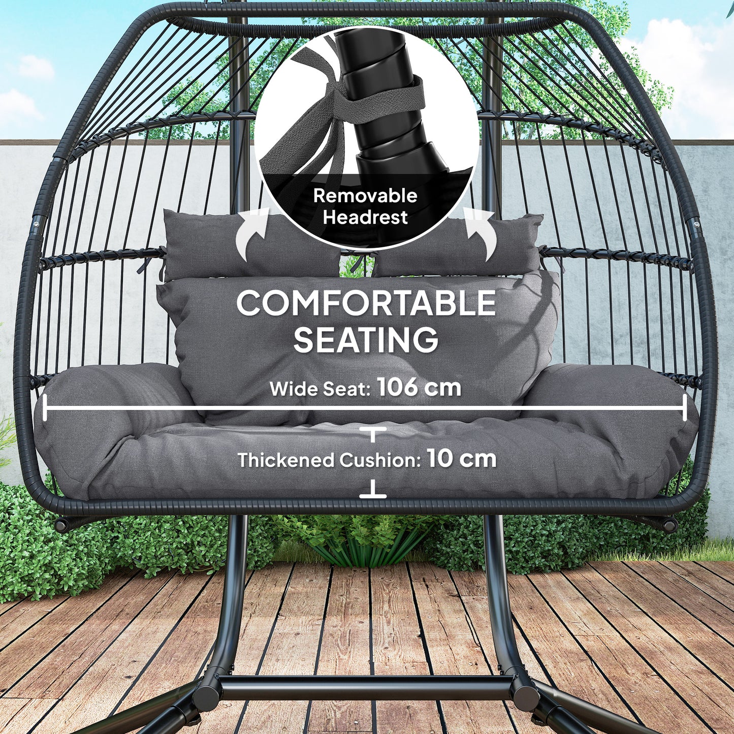 Double Wicker Egg Swing Chair with Stand, Foldable Hanging Egg Chair with UV Resistant Cushion, Headrest, Dark Grey