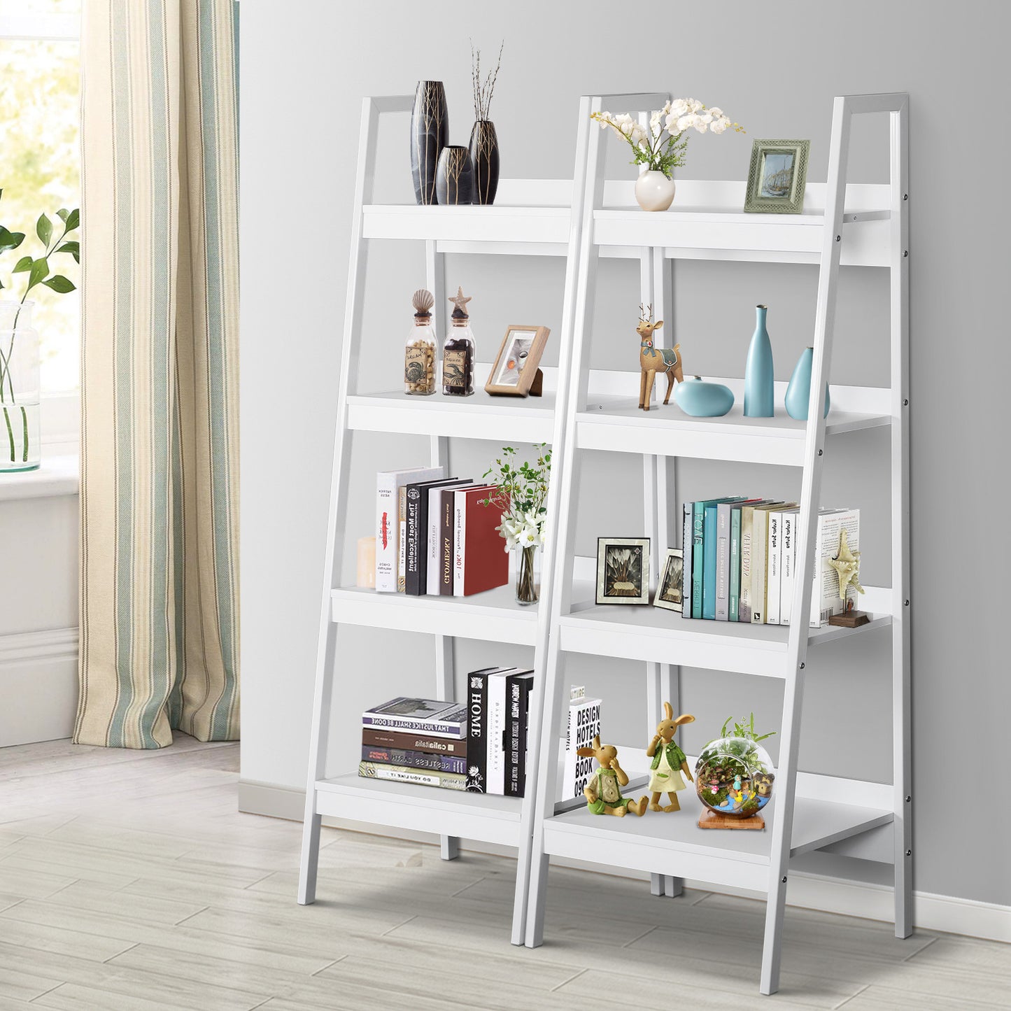 4 Tier Ladder Shelf Bookcase Set of 2 White Display Rack Storage Shelving Unit Flower Plant Stand Multi-Use Kids Crystal