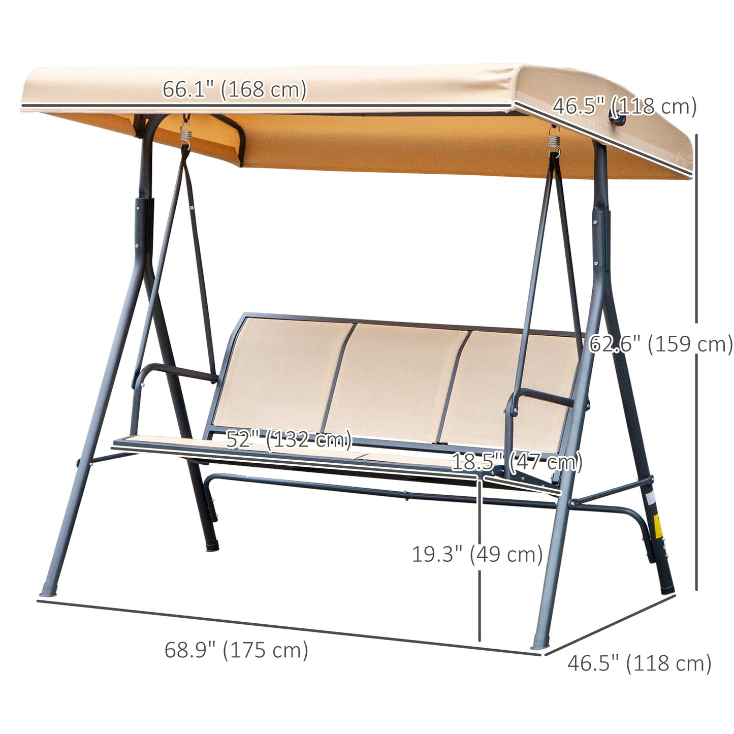 3-Seater Swing Chair Covered Garden Hammock A-Frame Outdoor Porch Glider Sling Seat with Adjustable Canopy Cover, Beige Kids Crystal