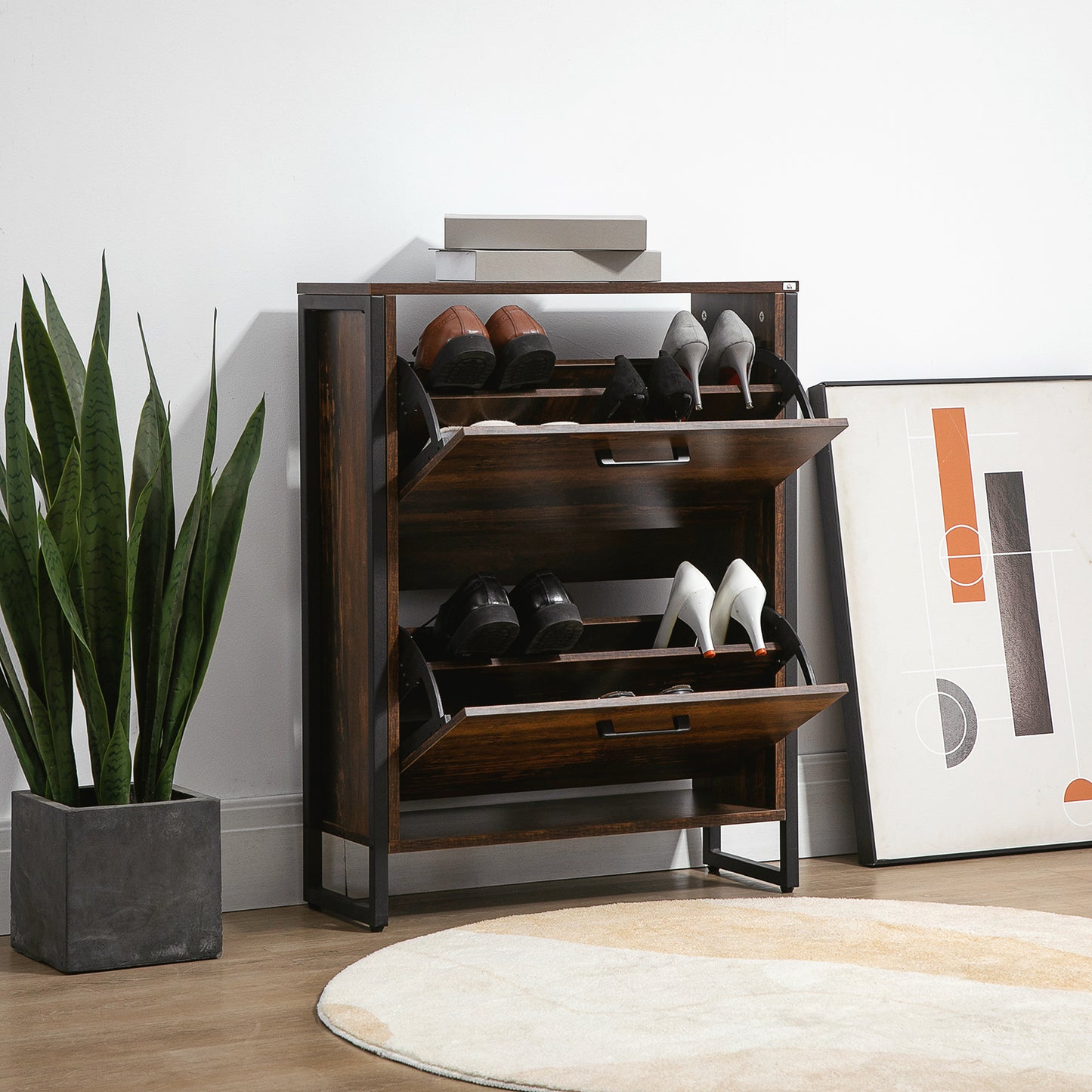 Space-Saving Slim Shoe Cabinet with 2 Flip Doors and 2-Drawer for 12 Pairs, Brown Finish Kids Crystal