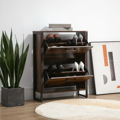Space-Saving Slim Shoe Cabinet with 2 Flip Doors and 2-Drawer for 12 Pairs, Brown Finish