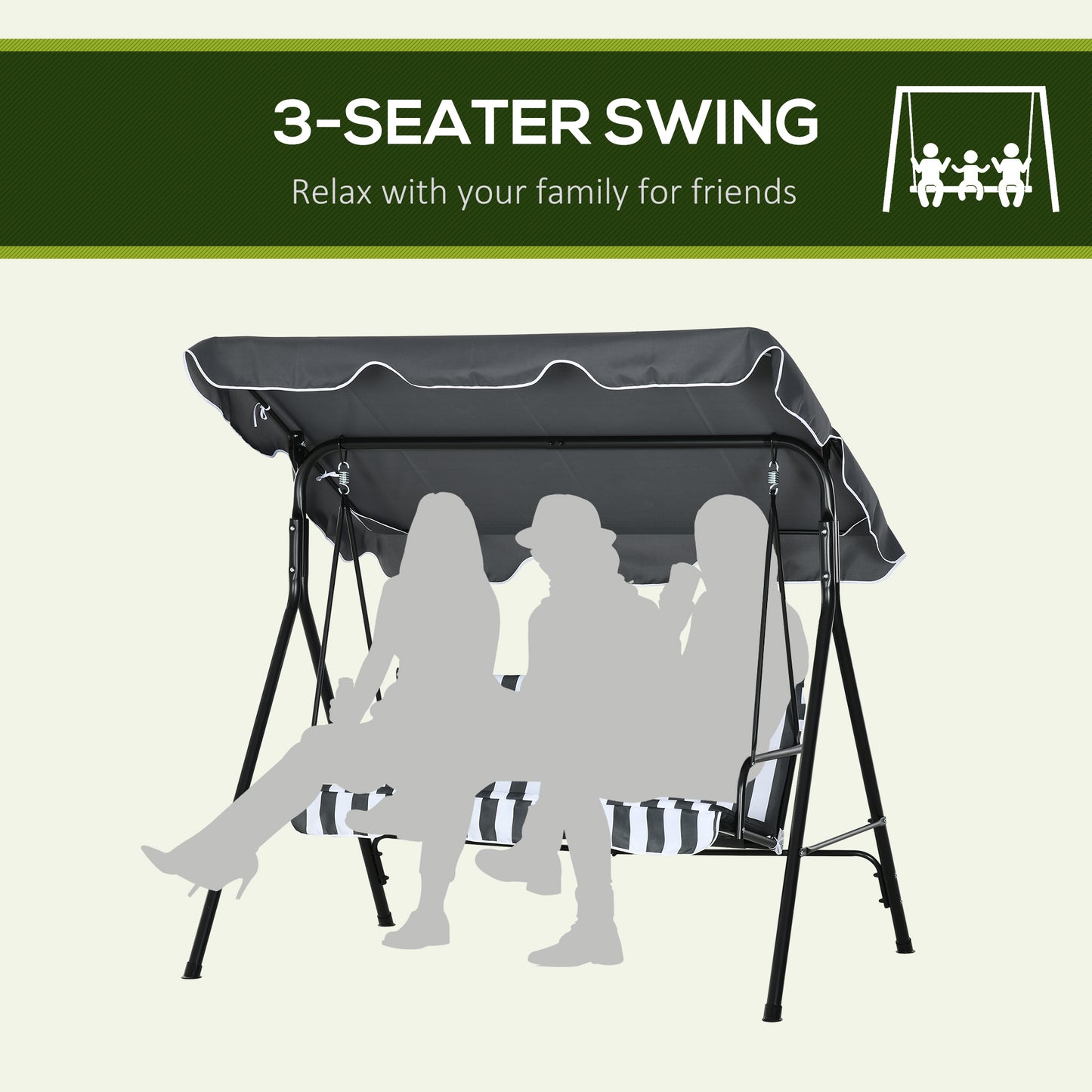 3-Seater Outdoor Porch Swing with Adjustable Canopy Shade: Patio Swing Chair for Garden Poolside Backyard Grey and White Kids Crystal