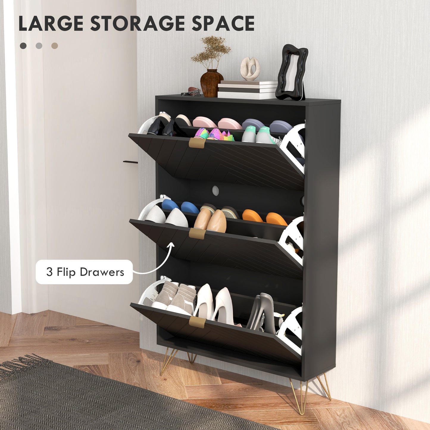 Modern Shoe Storage Cabinet with 3 Flip Drawers for 18 Pairs, Narrow Shoe Organizer for Entryway, Hallway, Black Kids Crystal