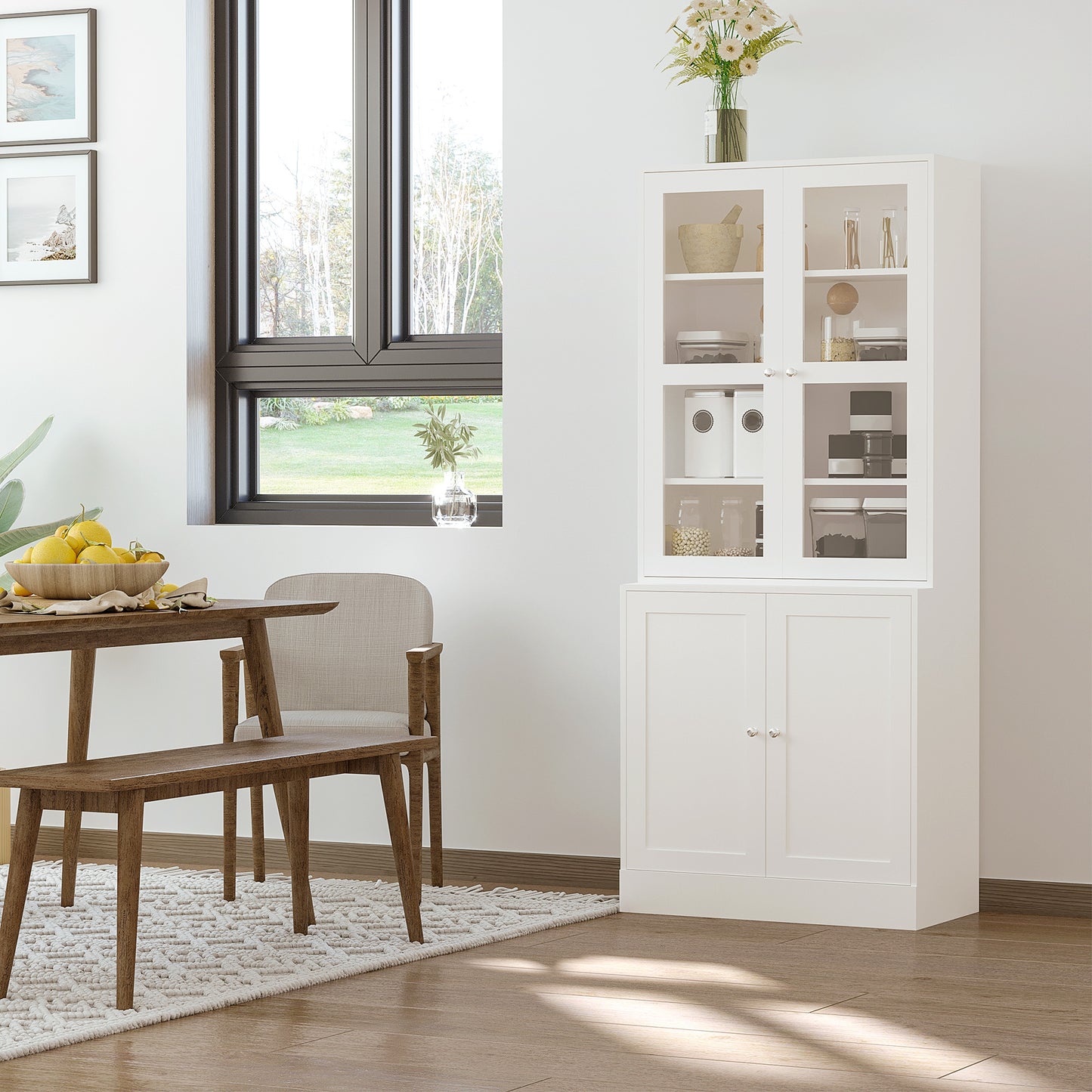 Bookcase Storage Cabinet with Doors, Modern Tall Bookshelf with 2 Adjustable Shelves, Display Unit, White Kids Crystal