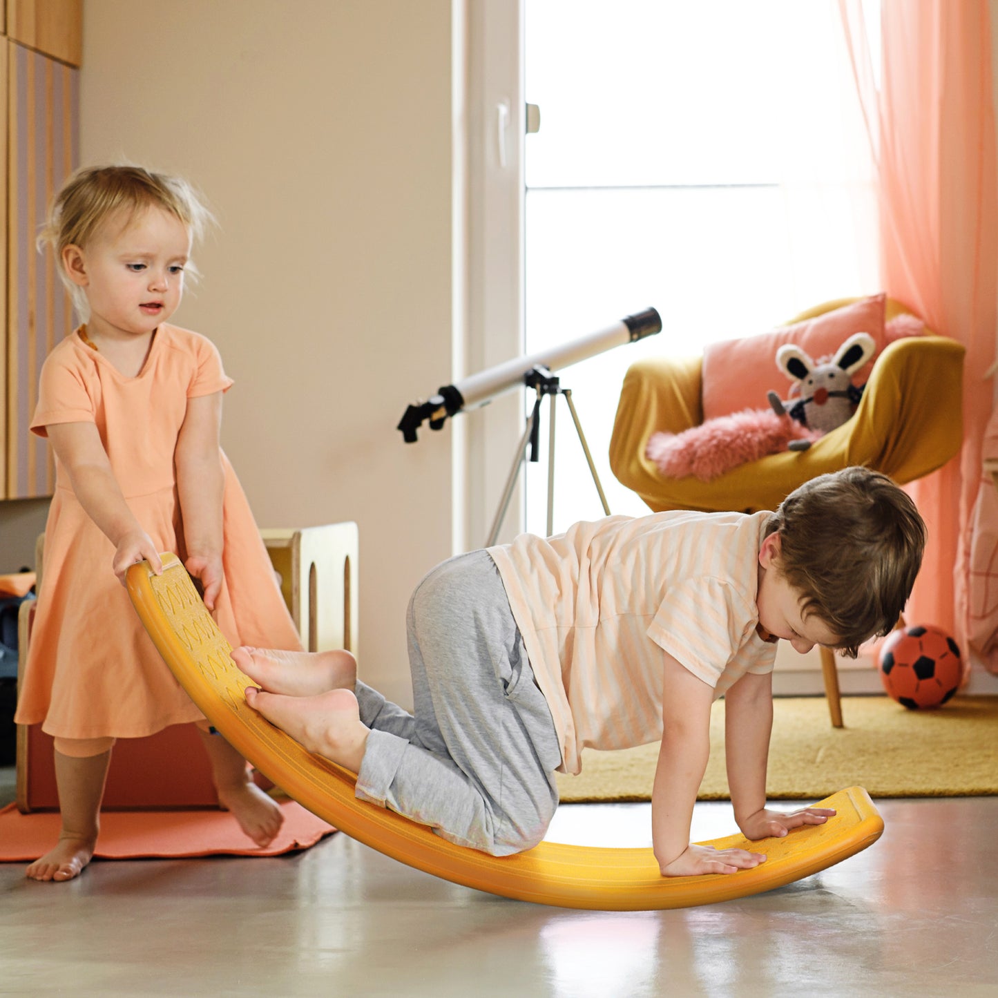 32.3" Balance Board Wobble Board Kids Curvy Rocker Board Ended Preschool Learning Montessori Waldorf Toy Yellow Kids Crystal