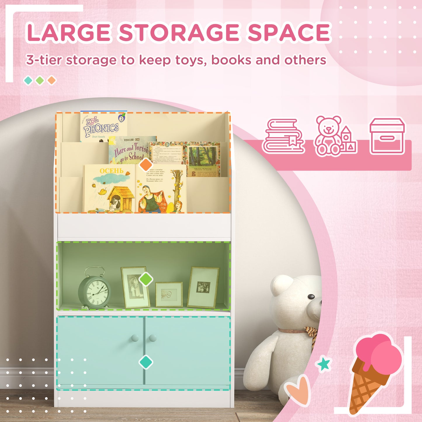 Toy Storage Organizer Shelf Kids Bookshelf for Bedroom Playroom Nursery White Kids Crystal