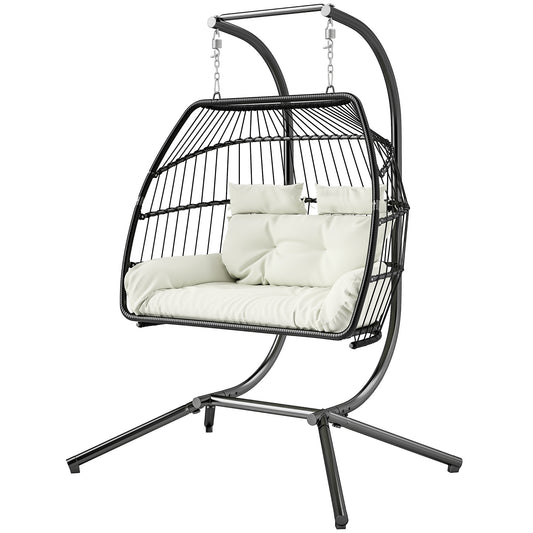 Double Wicker Egg Swing Chair with Stand, Foldable Hanging Egg Chair with UV Resistant Cushion, Headrest, Cream White