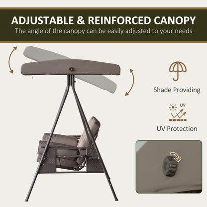 3-Person Porch Swing Chair Heavy Duty Outdoor Lounge Hammock with Cushioned Seat and Tilt Canopy Brown