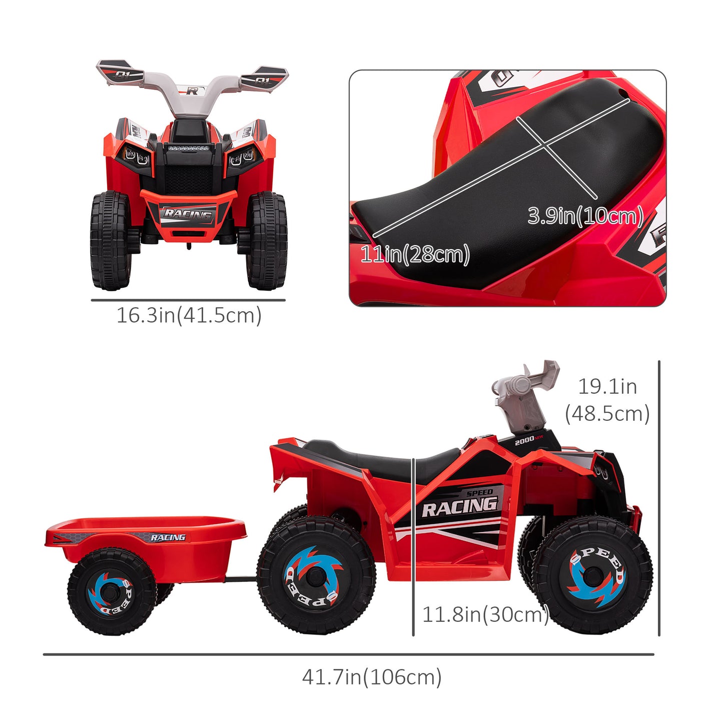 Ride-On Car: 6V, Electric, Trailer, Forward/Reverse, Wear-Resistant Wheels, Toddlers, Red Kids Crystal