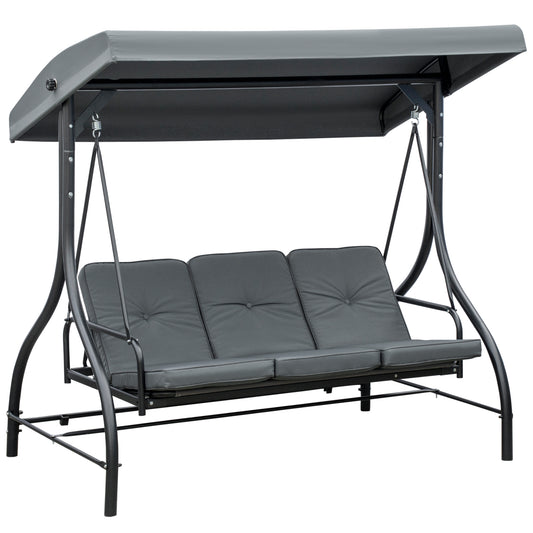 Patio Swing Bed Convertible 3 Seater with Adjustable Canopy Cushions Dark Grey