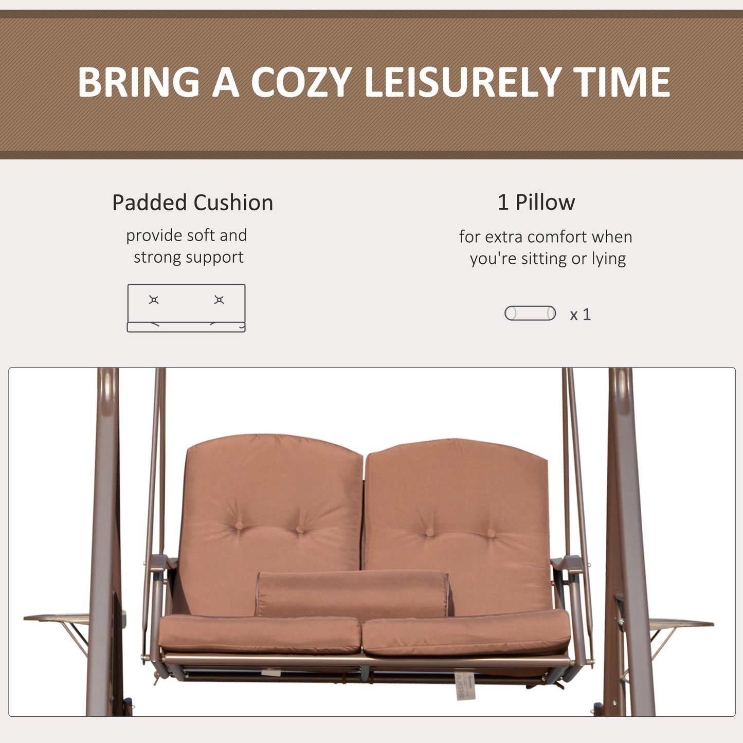 Outdoor 2-Person Patio Swing Chair Canopy Adjustable Shade Cushions Pillow Tray Brown Kids Crystal